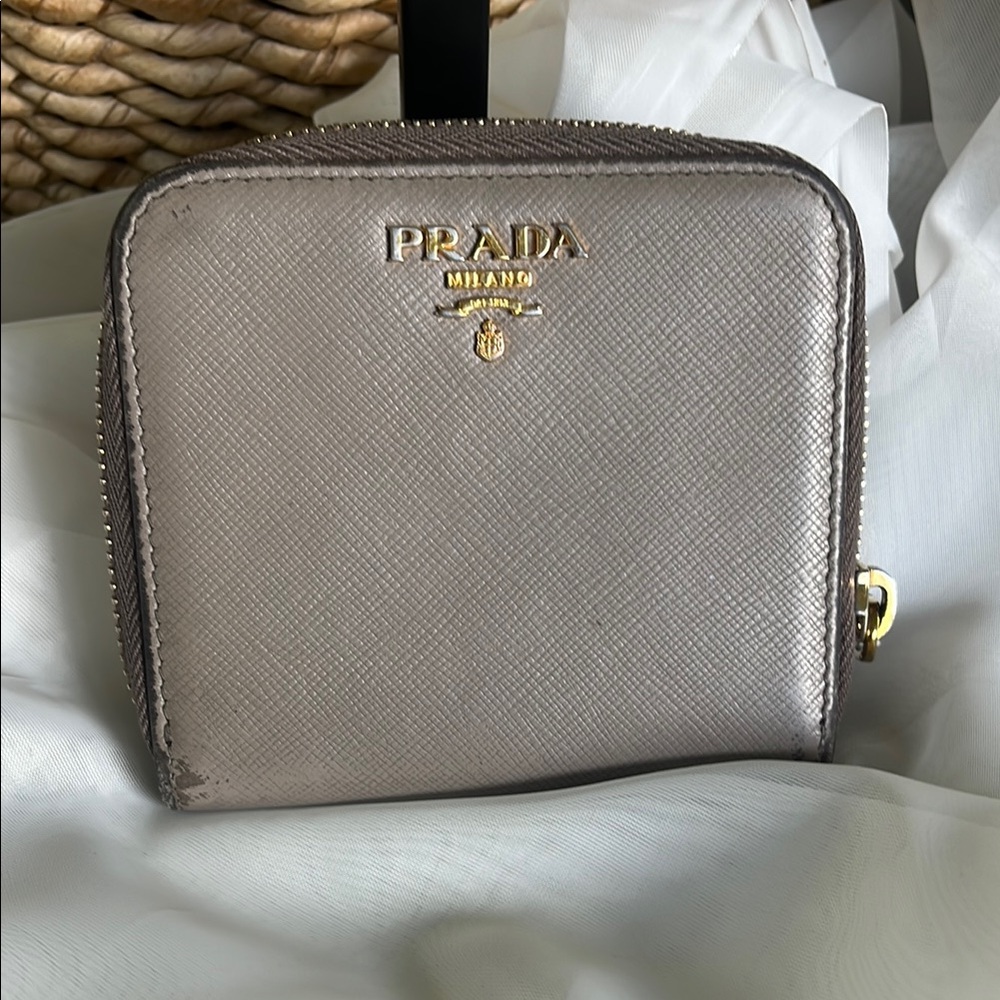 Prada Metallic Gray/taupe  Zip Wallet